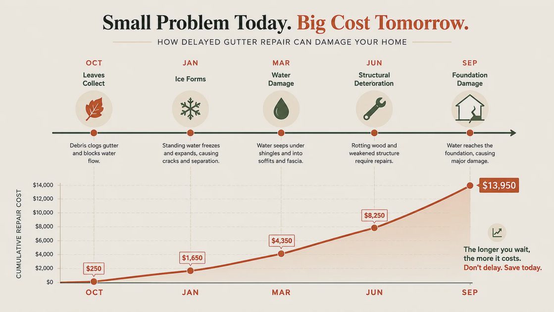 Timeline infographic showing Linda's gutter neglect leading to $14,000 in damage over 14 months