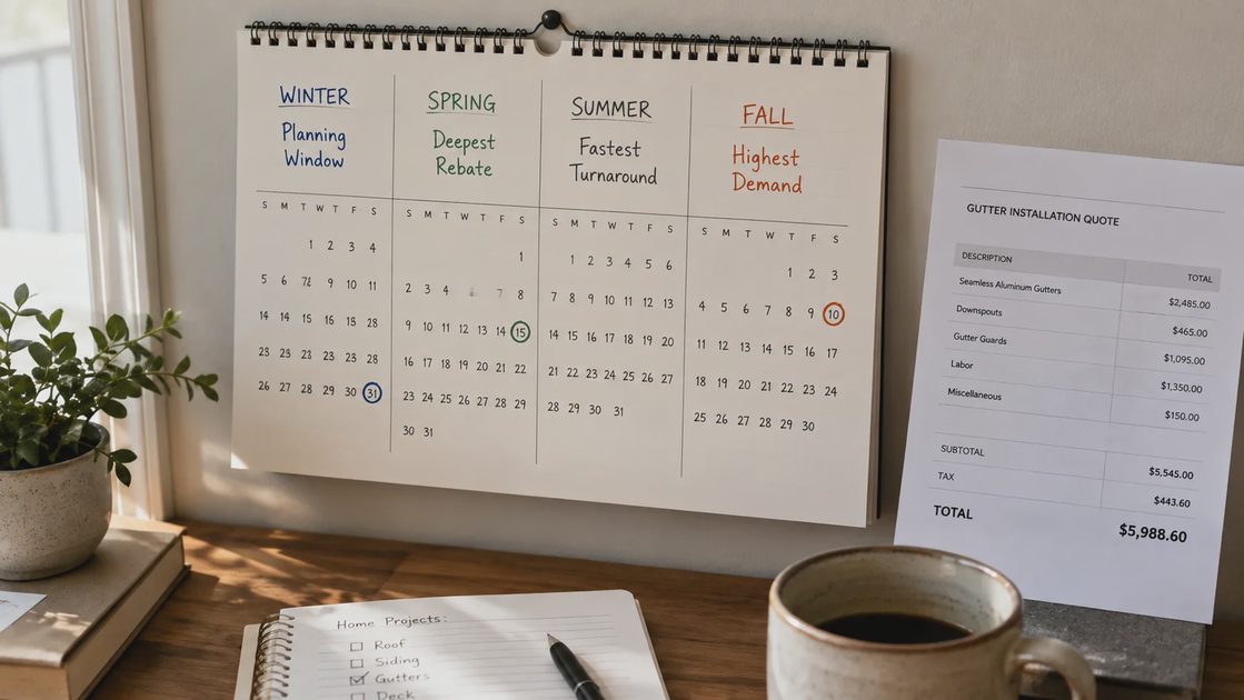 Wall calendar on a home office desk with four seasons marked in colored ink, next to a gutter installer's quote sheet and a coffee mug
