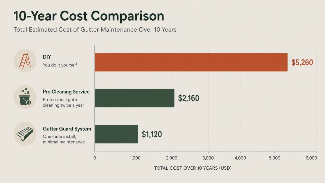 Bar chart comparing 10-year cost of DIY gutter cleaning versus professional gutter guard installation